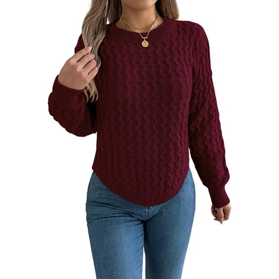 Women'S Crew Neck Solid Color Sweater Casual Warm Pullover Long Lantern Sleeve Tops Wine Red XL