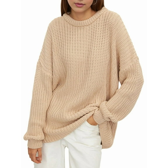 Women'S Crew Neck Sweater Long Sleeve Lantern Sleeve Hollow Knit Loose Casual Sweater Apricot S