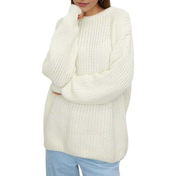 Women'S Crew Neck Sweater Long Sleeve Lantern Sleeve Hollow Knit Loose Casual Sweater Cream White S