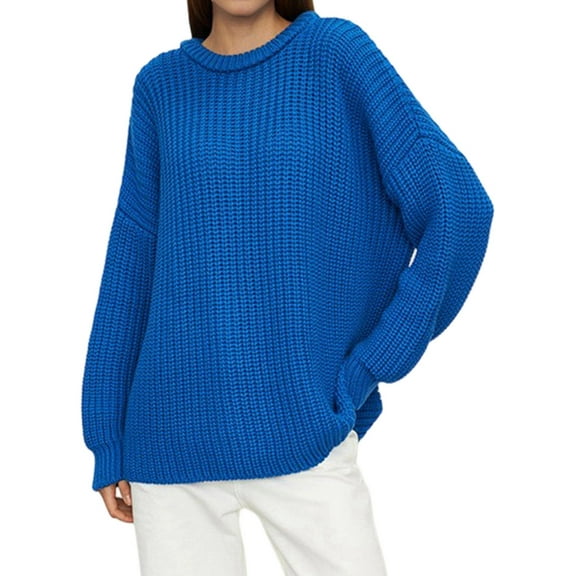 Women'S Crew Neck Sweater Long Sleeve Lantern Sleeve Hollow Knit Loose Casual Sweater Royal Blue M
