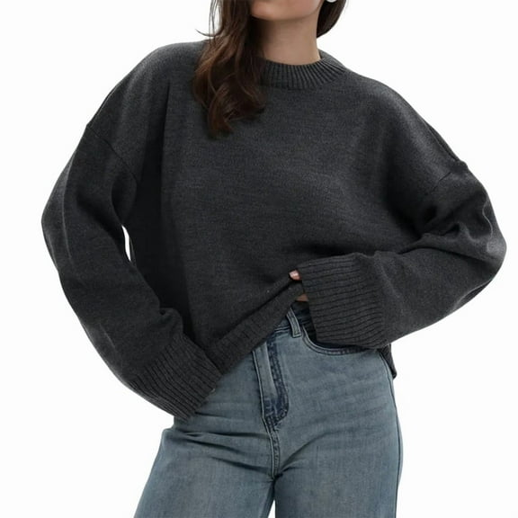 Women'S Crew Neck Sweaters Fall Outfits Trendy Long Sleeve Ribbed Knit Pullover Tops Dark Grey S