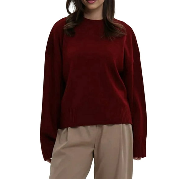 Women'S Crew Neck Sweaters Fall Outfits Trendy Long Sleeve Ribbed Knit Pullover Tops Wine Red L
