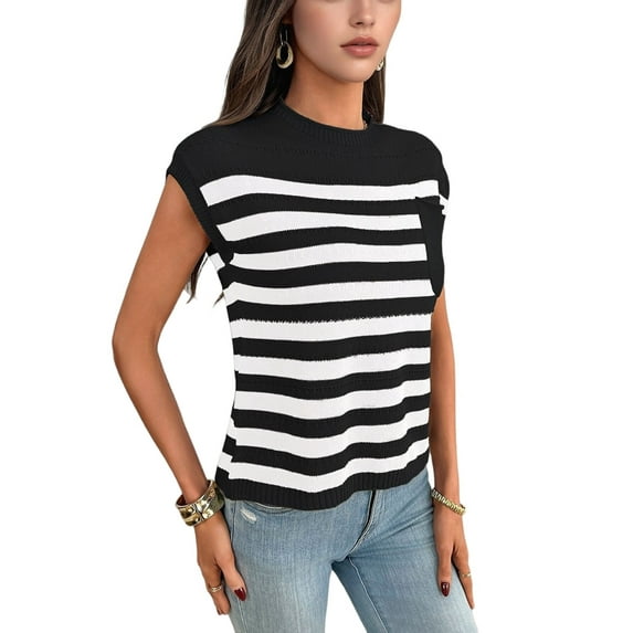 Women'S Crew Neck Top Thick Needle Casual Striped Sweater Black S