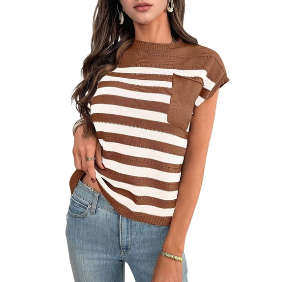 Women'S Crew Neck Top Thick Needle Casual Striped Sweater Caramel XL