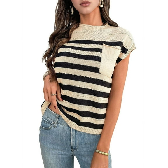 Women'S Crew Neck Top Thick Needle Casual Striped Sweater Khaki XL