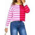 thumbnail image 1 of Women'S Crewneck Color Clock Striped Cable Knit Sweaters for Trendy Fall Outfits Rose Red L, 1 of 7