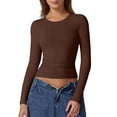 thumbnail image 1 of Women'S Crewneck Long Sleeve Shirt Double Lined Basic Tees Side Ruched Going Out Crop Tops Brown M, 1 of 10