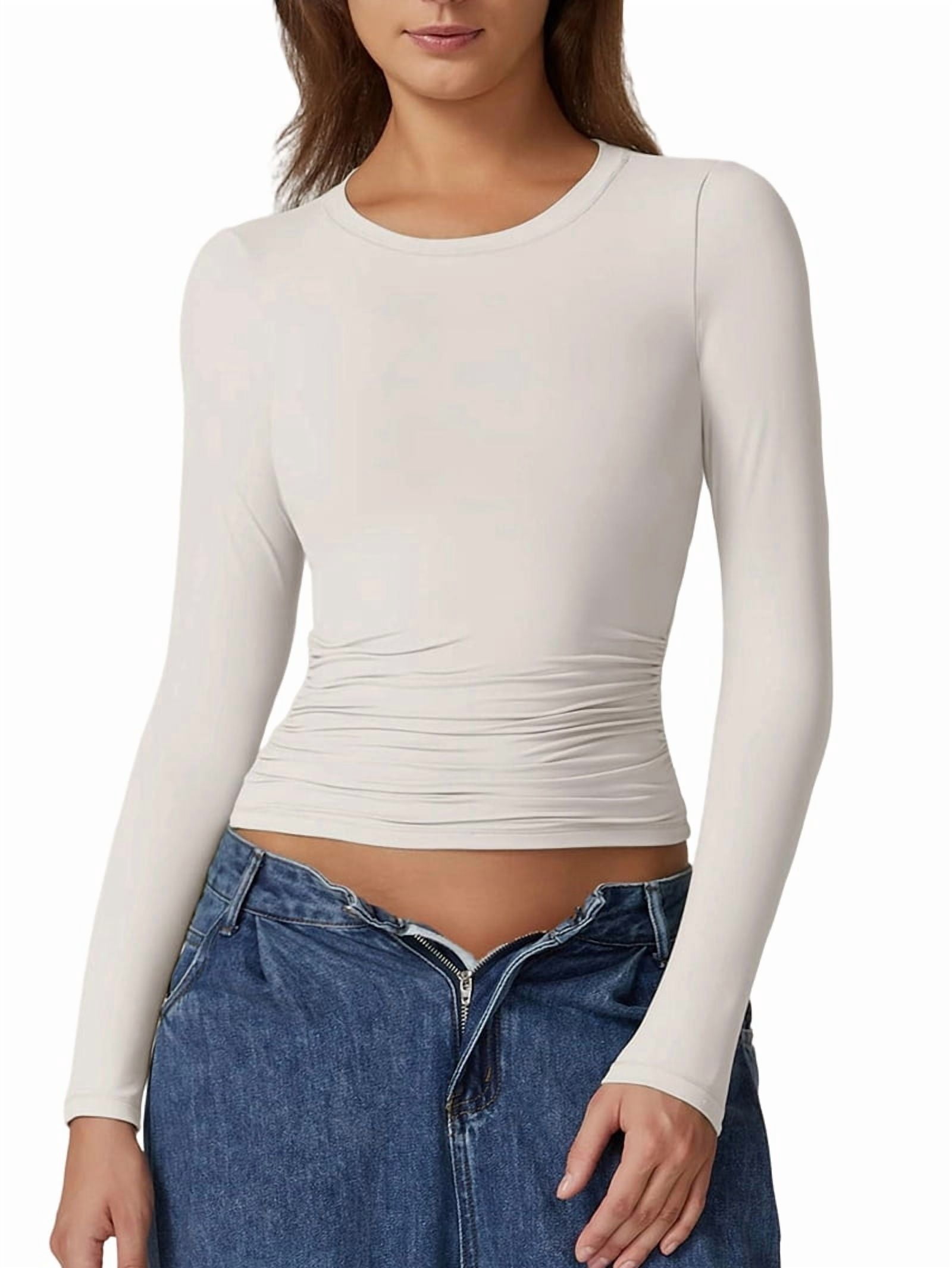 Women'S Crewneck Long Sleeve Shirt Double Lined Basic Tees Side Ruched ...