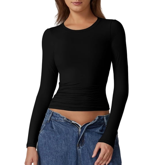 Women'S Crewneck Long Sleeve Shirt Double Lined Basic Tees Side Ruched Going Out Crop Tops