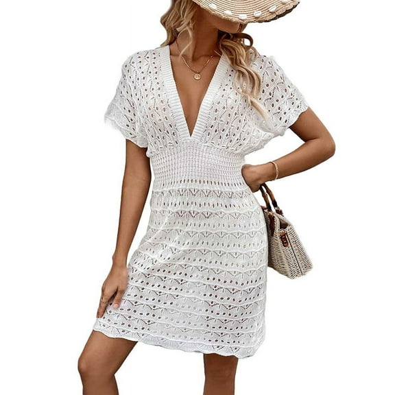 Women'S Crochet Bathing Suit Cover Up Short Sleeve Beach Dress Swimsuit Coverup Swimwear White S
