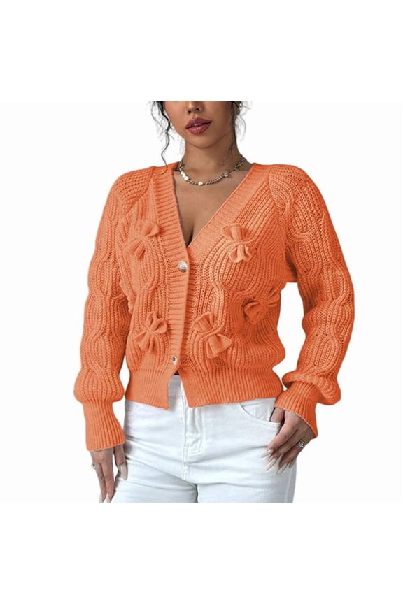 Women'S Crochet Cardigan V Neck Long Sleeve Decorated Button Down Knit Sweater Tops Orange M