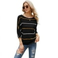 thumbnail image 1 of Women'S Crochet Color Block Boat Neck 3/4 Sleeve Striped Hollow Out Pullover Sweater Black  (Hollow Knitted Hood) M, 1 of 7