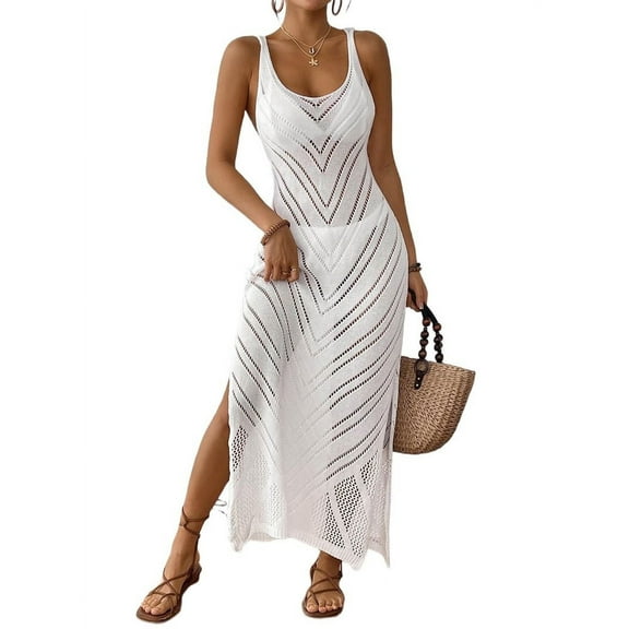 Women'S Crochet Coverups Sleeveless Beachwear Dresses Side Slit Maxi Beachwear White One Size
