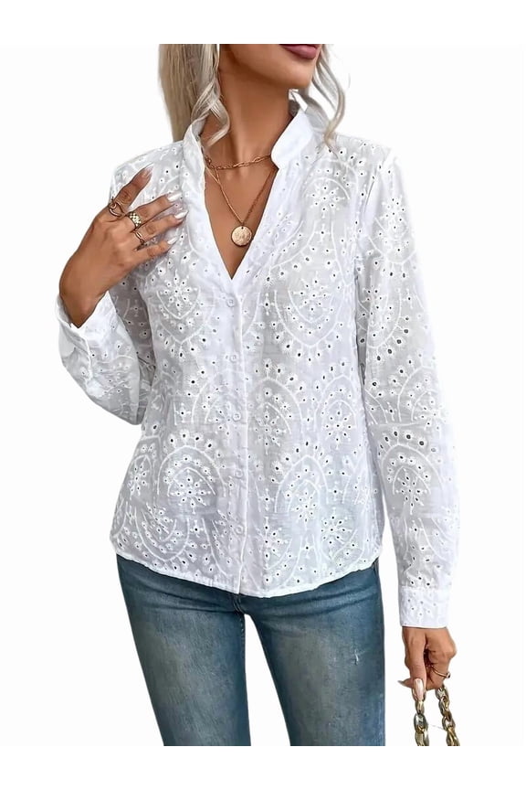 Women'S Crochet Embroidery Eyelet Tops Shirt Blouse Boho Long Sleeve Button Front Blouse White L