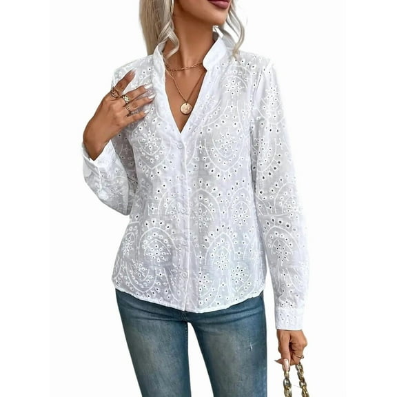 Women'S Crochet Embroidery Eyelet Tops Shirt Blouse Boho Long Sleeve Button Front Blouse White XL