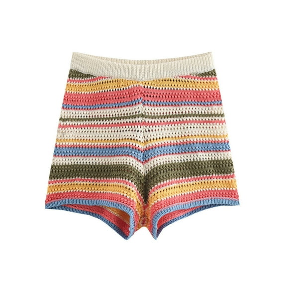 Women'S Crochet Short Sets Stripe Button Down Cardigan with Shorts 2 Piece Knit Outfits Colored Shorts S