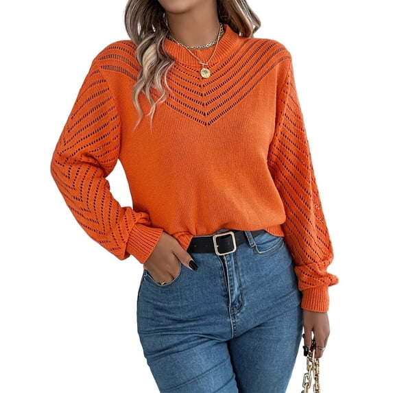 Women'S Crochet Sweaters Crew Neck Long Sleeve Cute Hollow Out Cotton Pullover Knit Tops Orange Color L