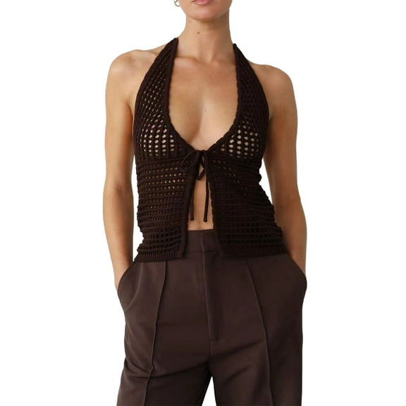 Women'S Crochet Tie Front Halter Neck Crop Camisole Top Swimsuit Cover Up Beachwear Coffee Color M