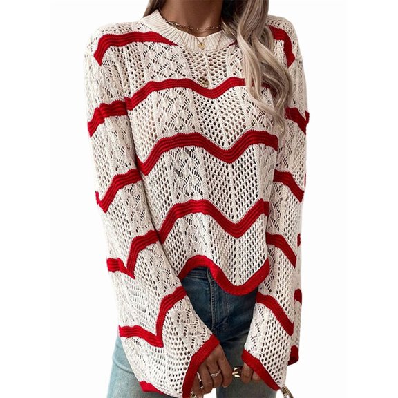 Women'S Crochet Tops Wave Pattern Trumpet Long Sleeve Round Neck Hollow All-Match Pullover Knit Tops  L