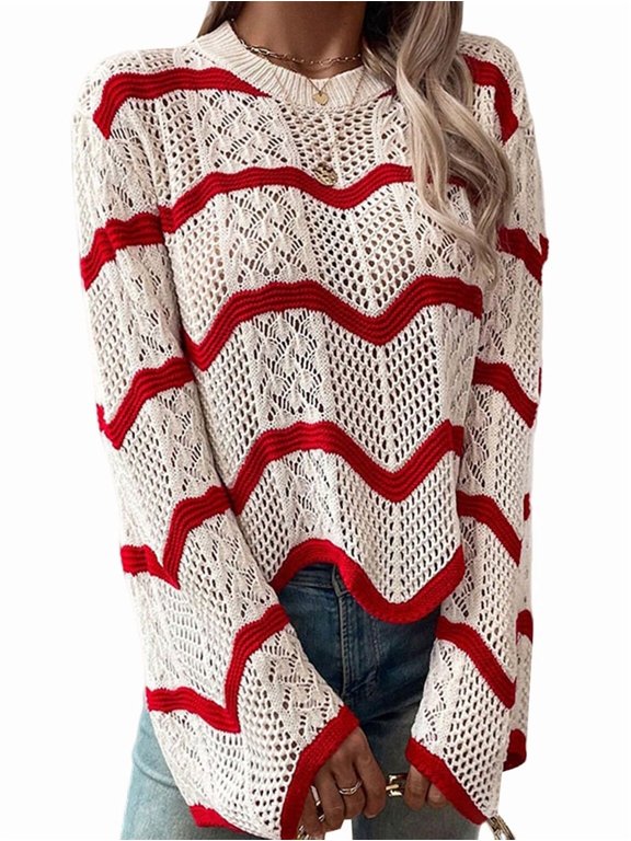 Women'S Crochet Tops Wave Pattern Trumpet Long Sleeve Round Neck Hollow All-Match Pullover Knit Tops L