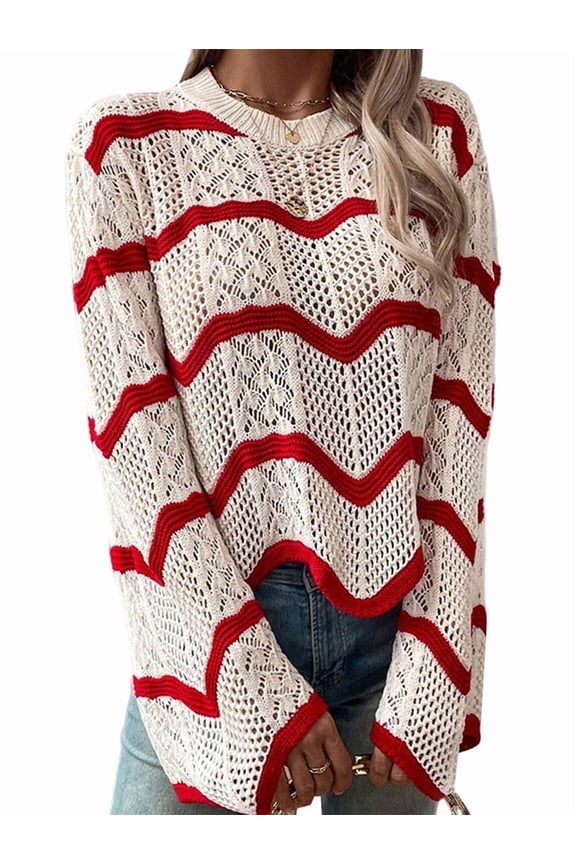 Women'S Crochet Tops Wave Pattern Trumpet Long Sleeve Round Neck Hollow All-Match Pullover Knit Tops  S