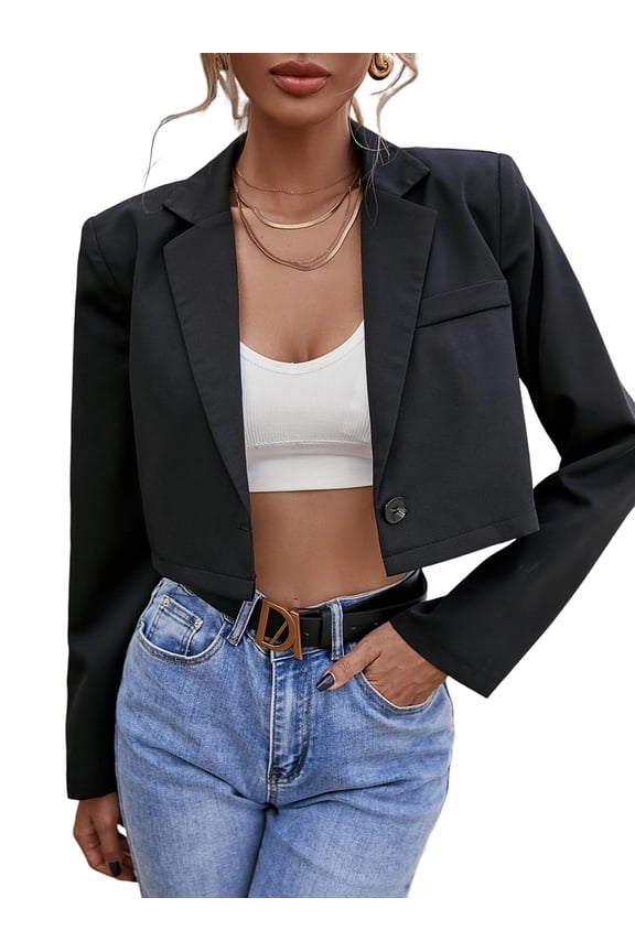 Women'S Cropped Blazer Business Casual Open Front Long Sleeve One Button Jacket Black S