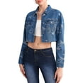 thumbnail image 1 of Women'S Cropped Butterfly Printed Denim Jacket Button Down Long Sleeve Fitted Crop Top Jean Coat Blue S, 1 of 9