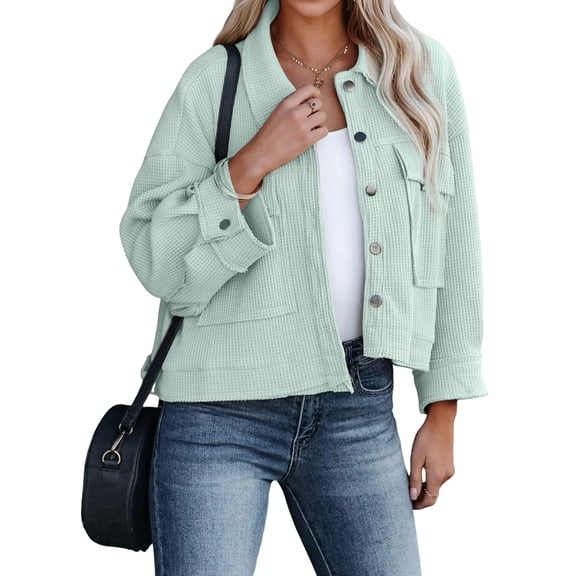 Women'S Cropped Button Down Long Sleeve Jackets Raw Hem Jacket with Pockets Winter Fall Coat Green XL