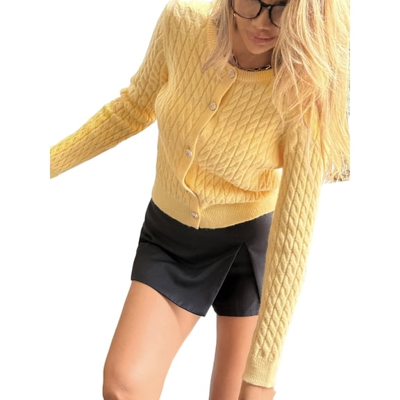 Women'S Cropped Cable Knit Cardigan Short Fall Long Sleeve Light-Weight Button Up Sweater Yellow L