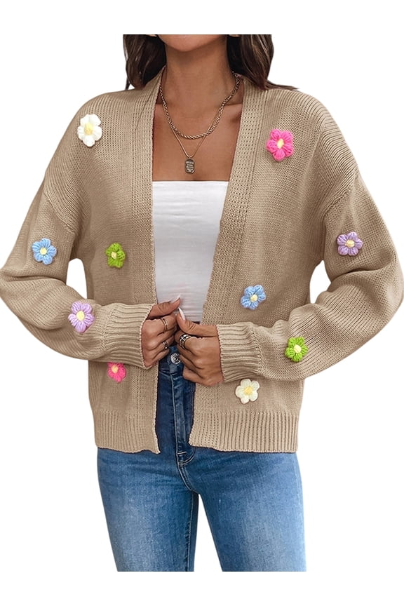 Women'S Cropped Cardigan Long-Sleeved Sweaters Boho Crochet Floral Embroidery Oversized Knit Outwear Camel Color M