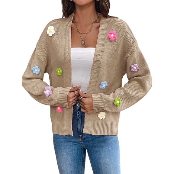 Women'S Cropped Cardigan Long-Sleeved Sweaters Boho Crochet Floral Embroidery Oversized Knit Outwear Camel Color XL