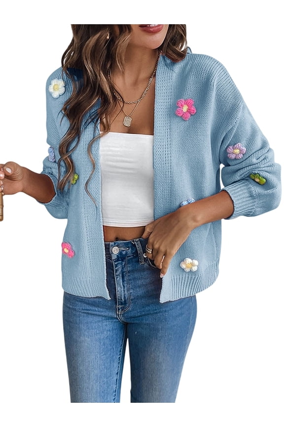 Women'S Cropped Cardigan Long-Sleeved Sweaters Boho Crochet Floral Embroidery Oversized Open Front Knit Outwear Blue L