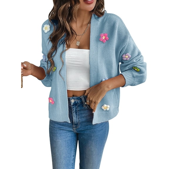 Women'S Cropped Cardigan Long-Sleeved Sweaters Boho Crochet Floral Embroidery Oversized Open Front Knit Outwear Blue S