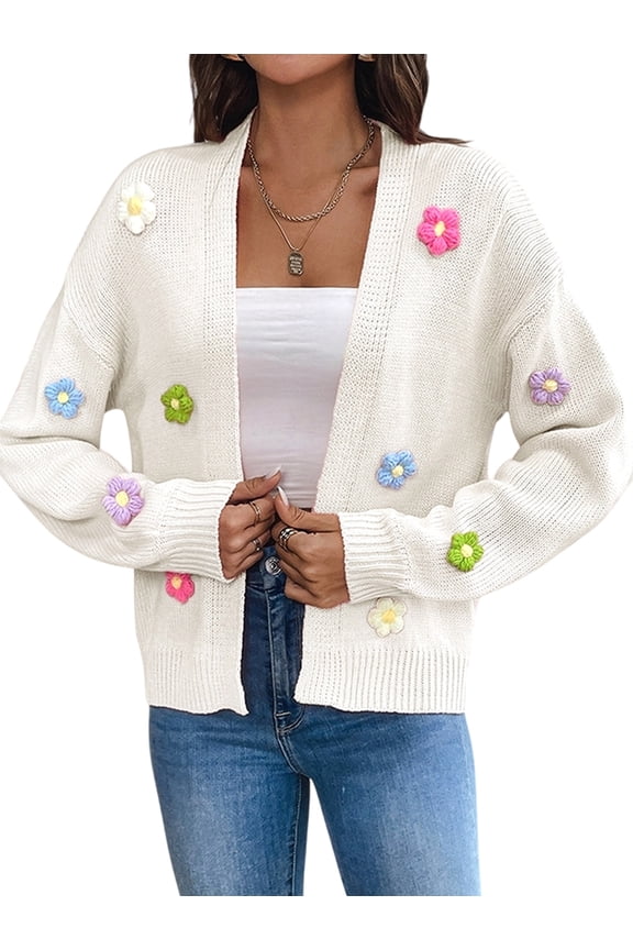 Women'S Cropped Cardigan Long-Sleeved Sweaters Boho Crochet Floral Embroidery Oversized Open Front Knit Outwear White XL