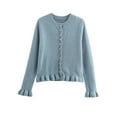 thumbnail image 1 of Women'S Cropped Cardigan Sweater Trendy Crewneck Ruffle Long Sleeve Button Down Knitwear Tops Blue M, 1 of 4