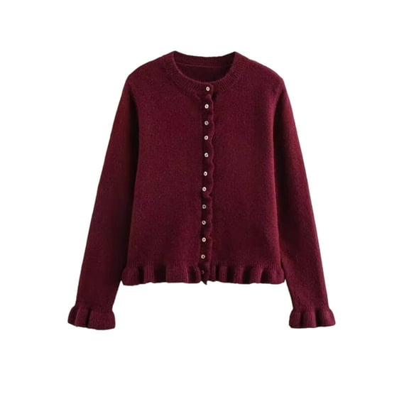 Women'S Cropped Cardigan Sweater Trendy Crewneck Ruffle Long Sleeve Button Down Knitwear Tops Red L