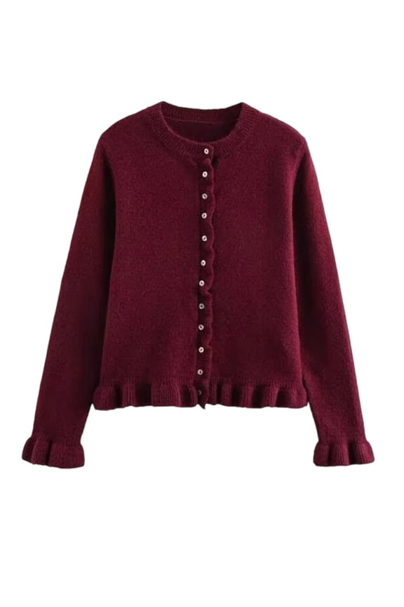 Women'S Cropped Cardigan Sweater Trendy Crewneck Ruffle Long Sleeve Button Down Knitwear Tops Red M