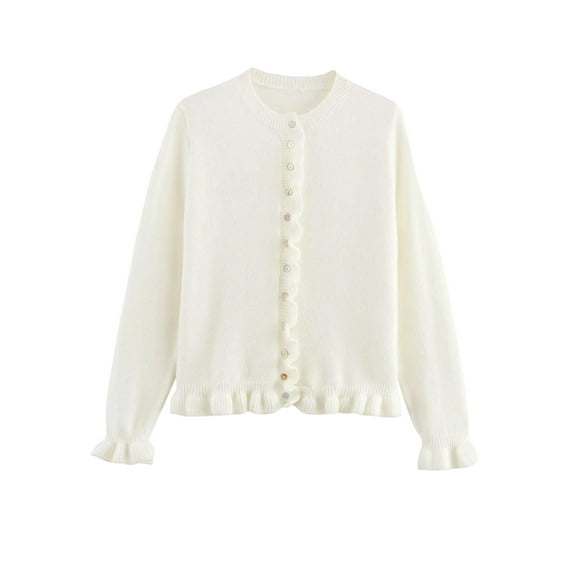 Women'S Cropped Cardigan Sweater Trendy Crewneck Ruffle Long Sleeve Button Down Knitwear Tops White L