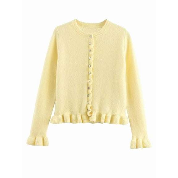 Women'S Cropped Cardigan Sweater Trendy Crewneck Ruffle Long Sleeve Button Down Knitwear Tops Yellow M