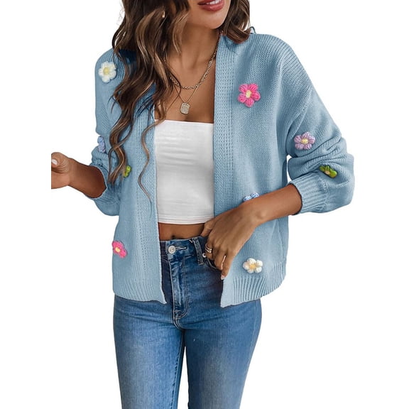 Women'S Cropped Cardigan Sweaters Boho Crochet Floral Embroidery Oversized Open Front Knit Sweater Outwear Blue L