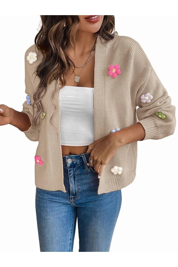 Women'S Cropped Cardigan Sweaters Boho Crochet Floral Embroidery Oversized Open Front Knit Sweater Outwear Khaki XL