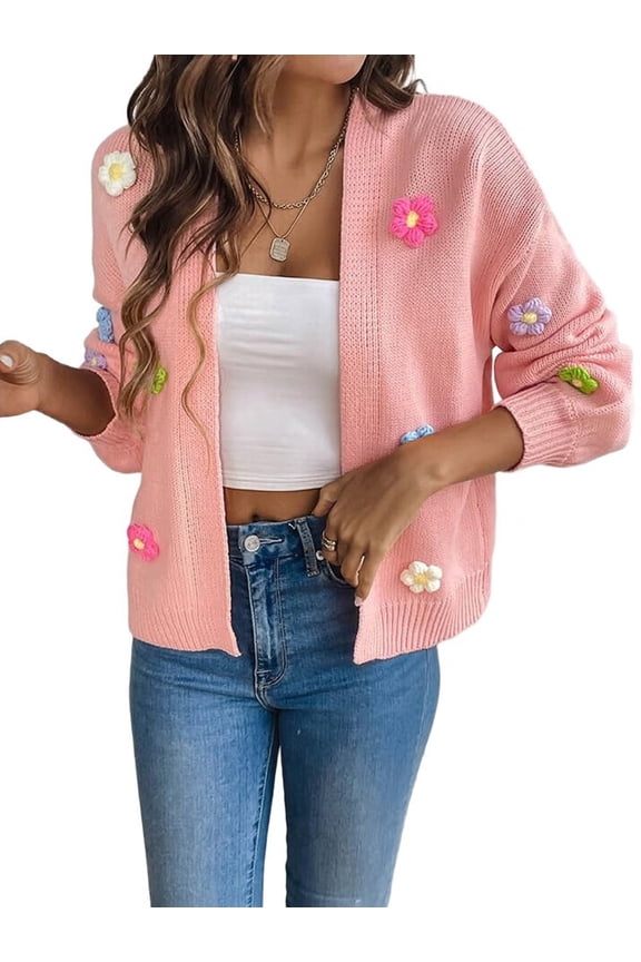 Women'S Cropped Cardigan Sweaters Boho Crochet Floral Embroidery Oversized Open Front Knit Sweater Outwear Pink L