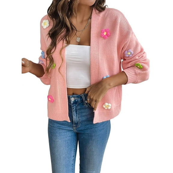 Women'S Cropped Cardigan Sweaters Boho Crochet Floral Embroidery Oversized Open Front Knit Sweater Outwear Pink S