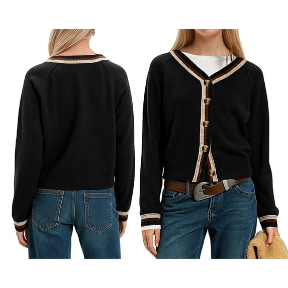 Women'S Cropped Cardigan Sweaters Fall Long Sleeve Button Down Color Block Knit Outwear Coats Black L