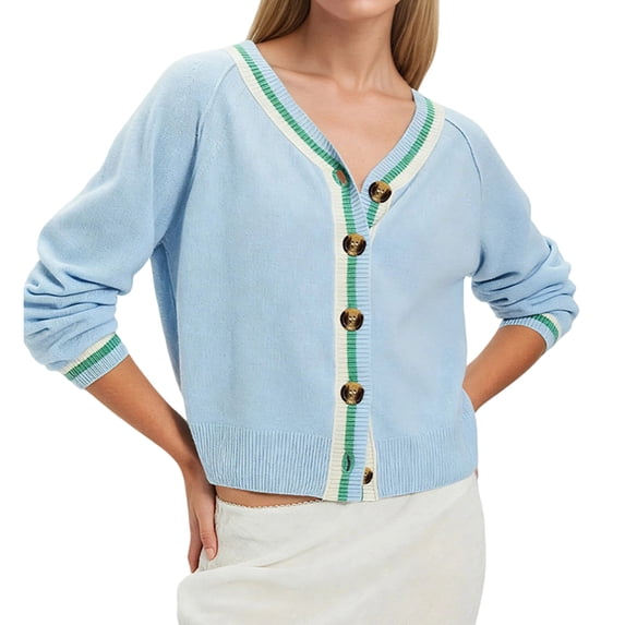 Women'S Cropped Cardigan Sweaters Fall Long Sleeve Button Down Color Block Knit Outwear Coats Blue XL