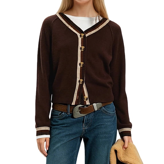 Women'S Cropped Cardigan Sweaters Fall Long Sleeve Button Down Color Block Knit Outwear Coats Brown M
