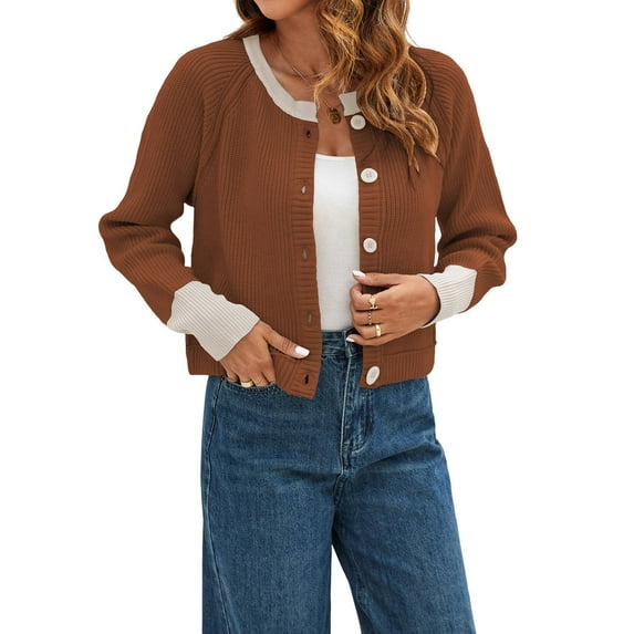 Women'S Cropped Cardigan Sweaters Fall Long Sleeve Open Front Button Down Color Block Knit Outwear Coats Coffee Color M
