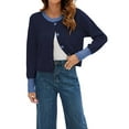 thumbnail image 1 of Women'S Cropped Cardigan Sweaters Fall Long Sleeve Open Front Button Down Color Block Knit Outwear Coats Dark Blue XL, 1 of 8