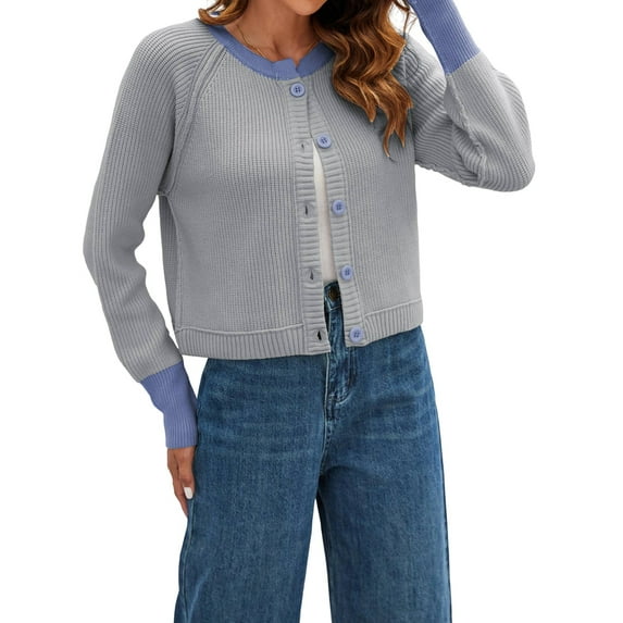 Women'S Cropped Cardigan Sweaters Fall Long Sleeve Open Front Button Down Color Block Knit Outwear Coats Grey XL