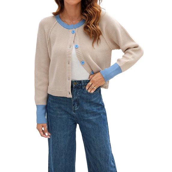 Women'S Cropped Cardigan Sweaters Fall Long Sleeve Open Front Button Down Color Block Knit Outwear Coats L